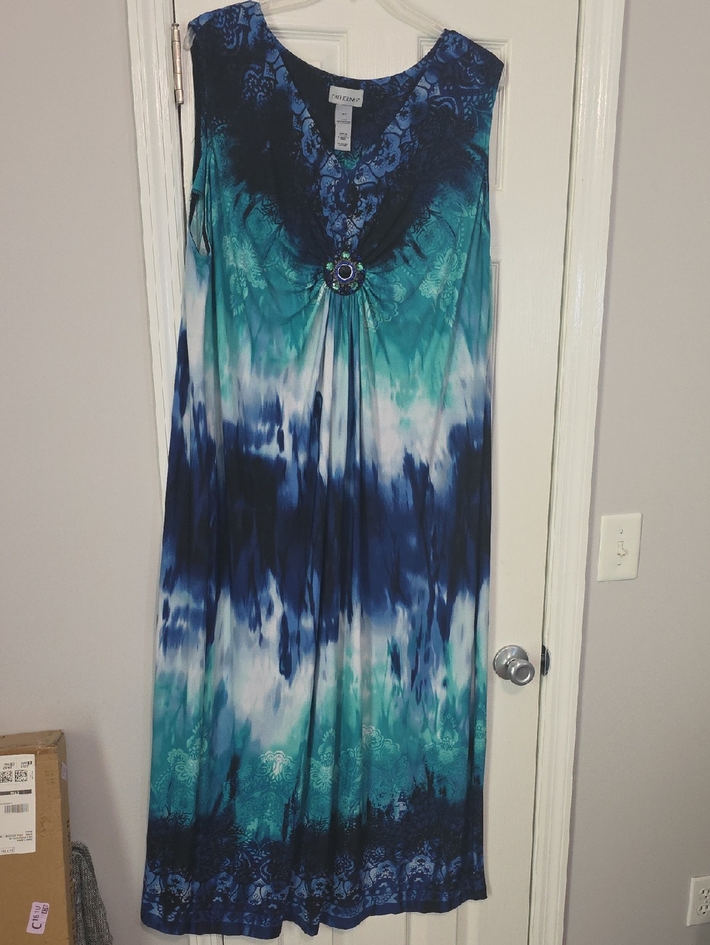 Catherines Blue Teal Patterned V-Neck Dress